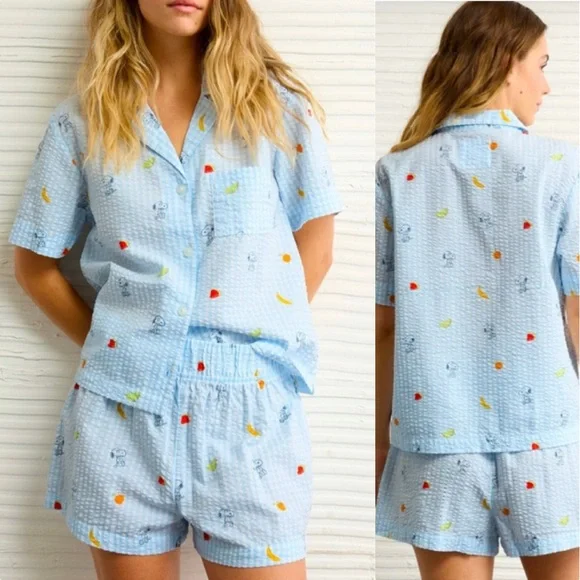 Peanuts x AE Snoopy Fruit Seersucker PJ Set XXL Blue Gingham Short Sleeve/Shorts - Picture 2 of 12